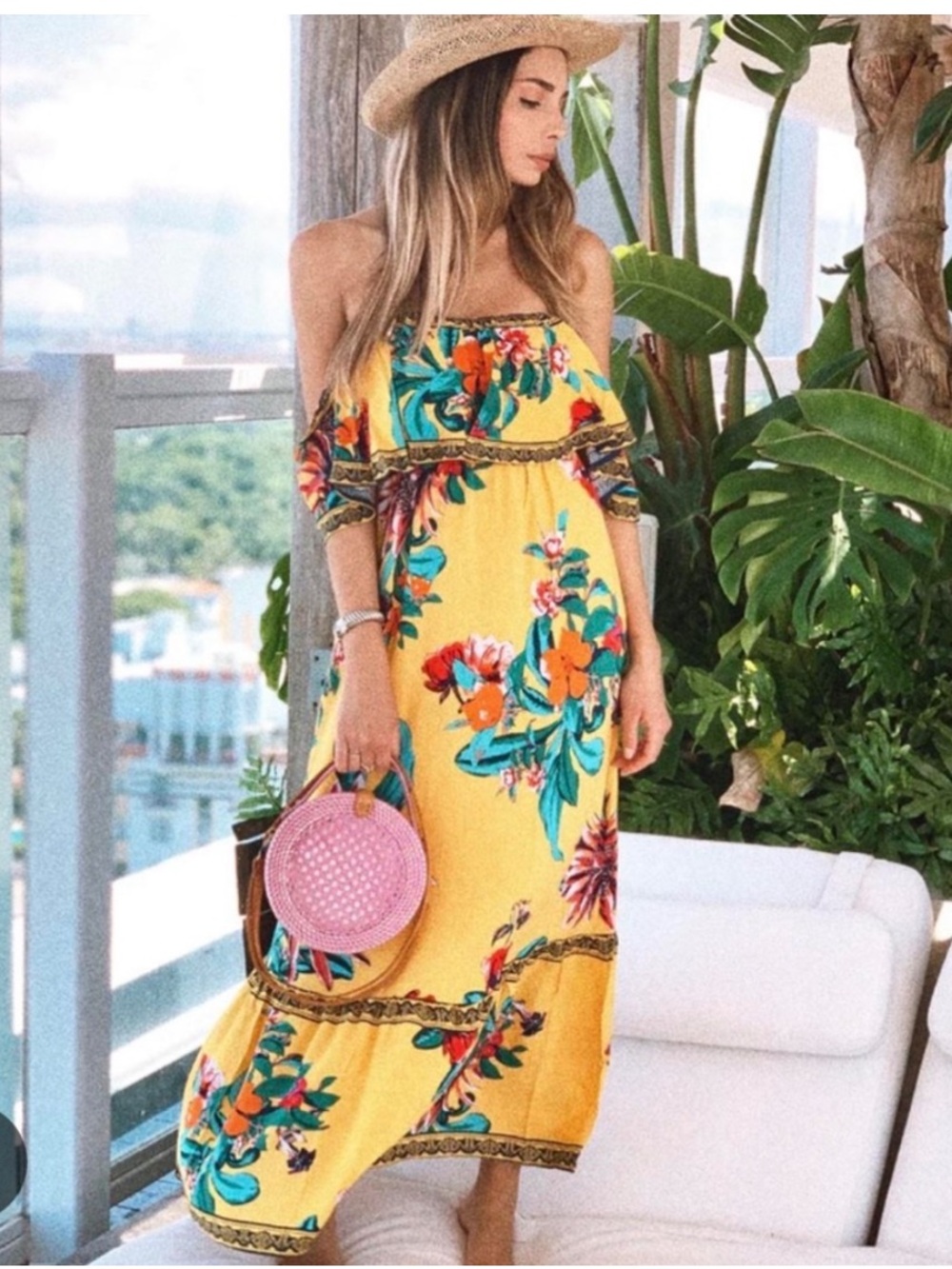 Flying Tomato Yellow Floral Off-Shoulder Maxi Dress